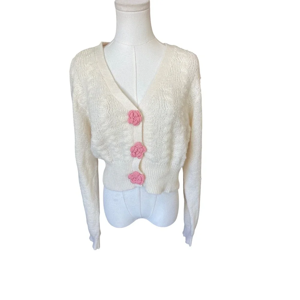 Love Tree Y2K Cable Knit Cropped Crochet Cardigan‎ Sweater Size L Coquette Rose